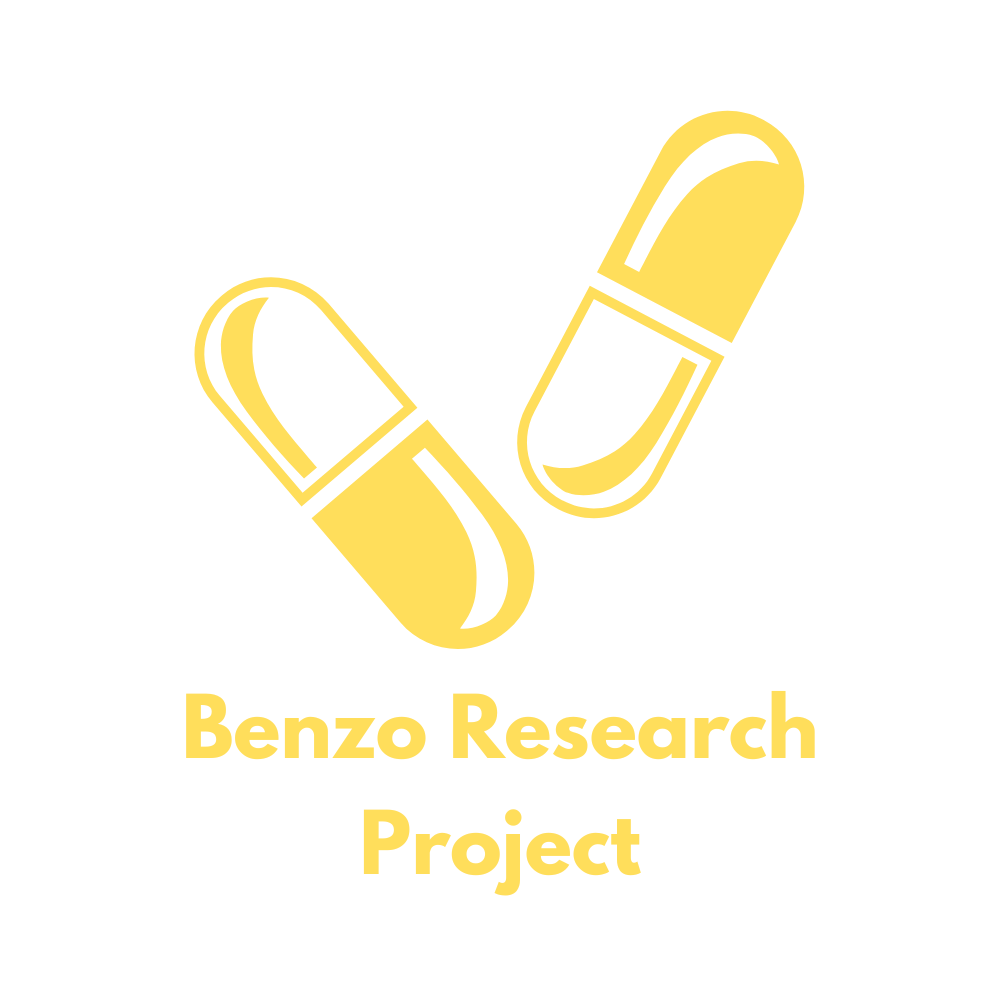 Our logo: two yellow pills above yellow text reading Benzo Research Project on a royal blue background.